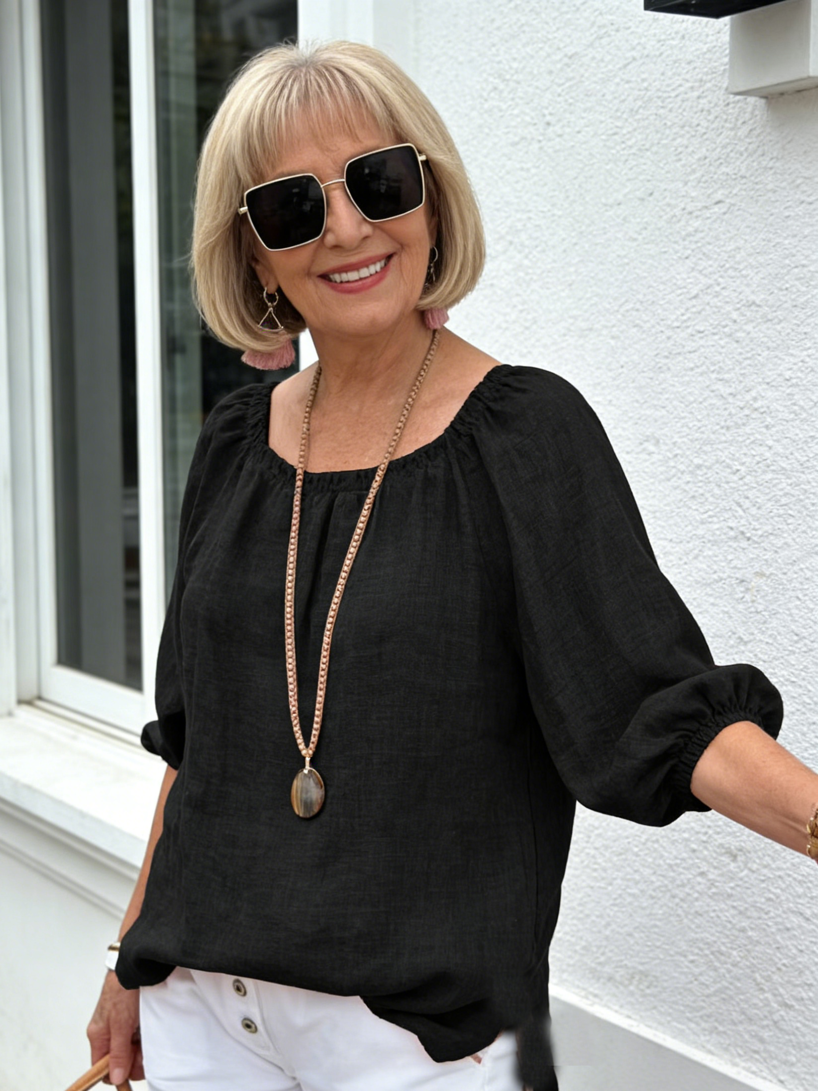 Solid Color Round Neck Medium Sleeve Pullover Cotton and Linen Casual Top