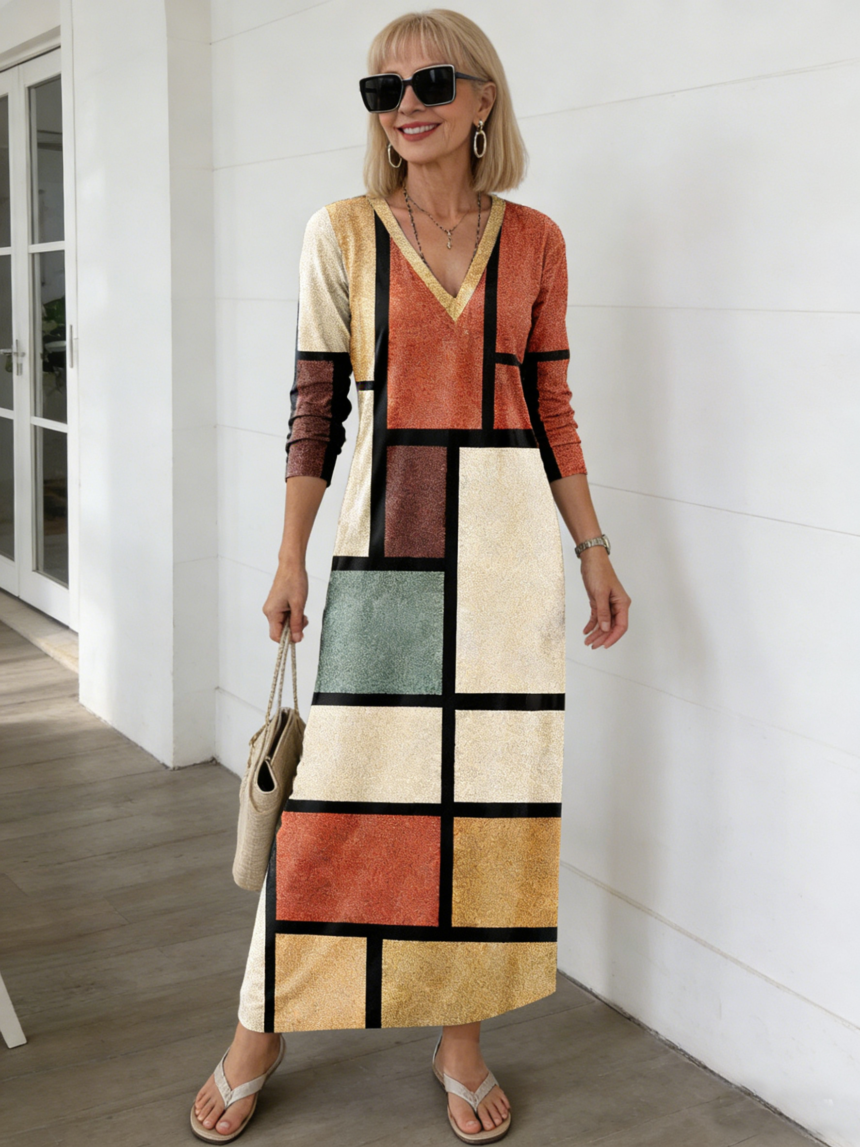 Digital Printing V-neck Long-sleeved Dress
