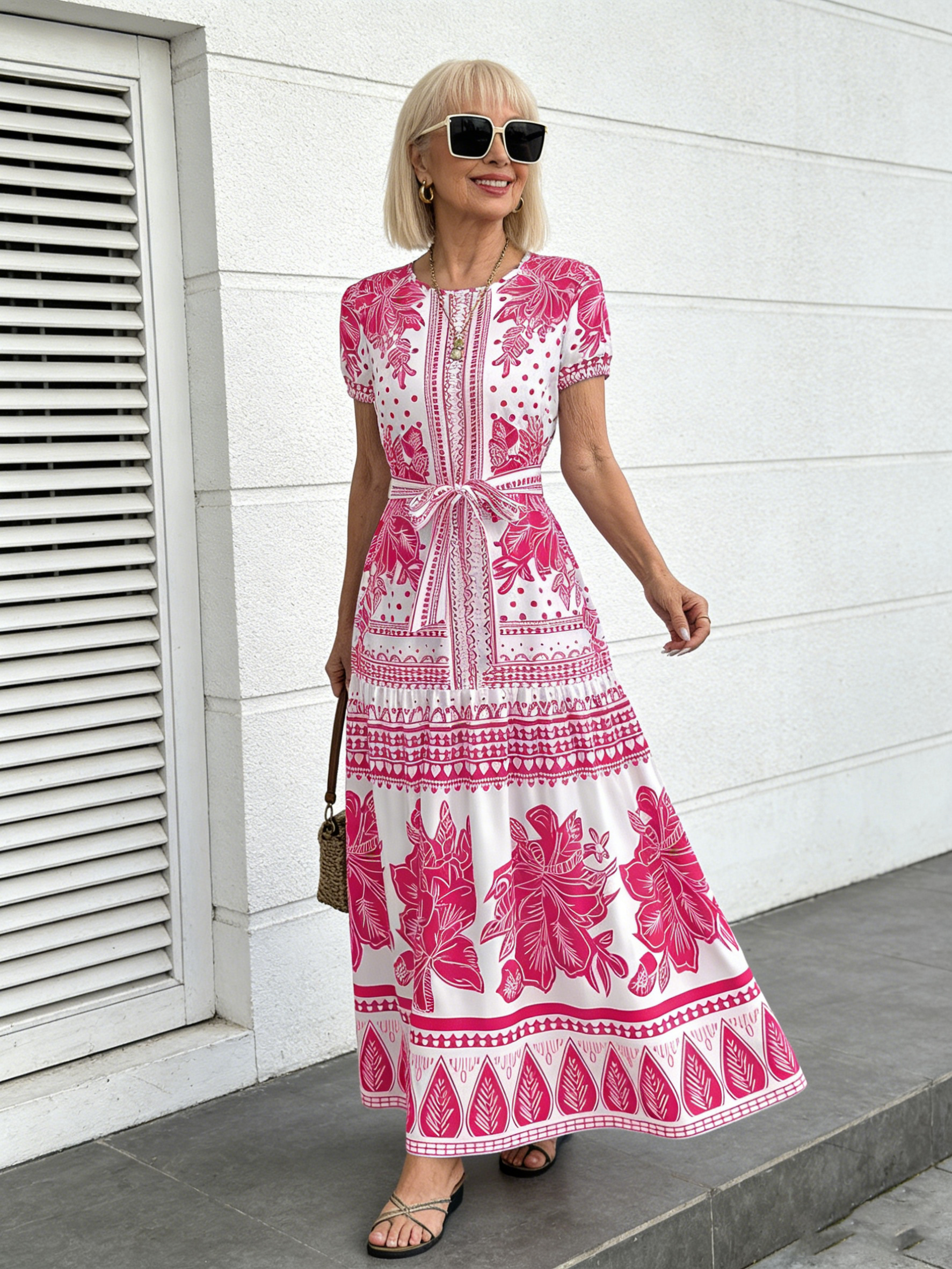 Boho Print Temperament Simple Lace-up Crew Neck Dress Vacation