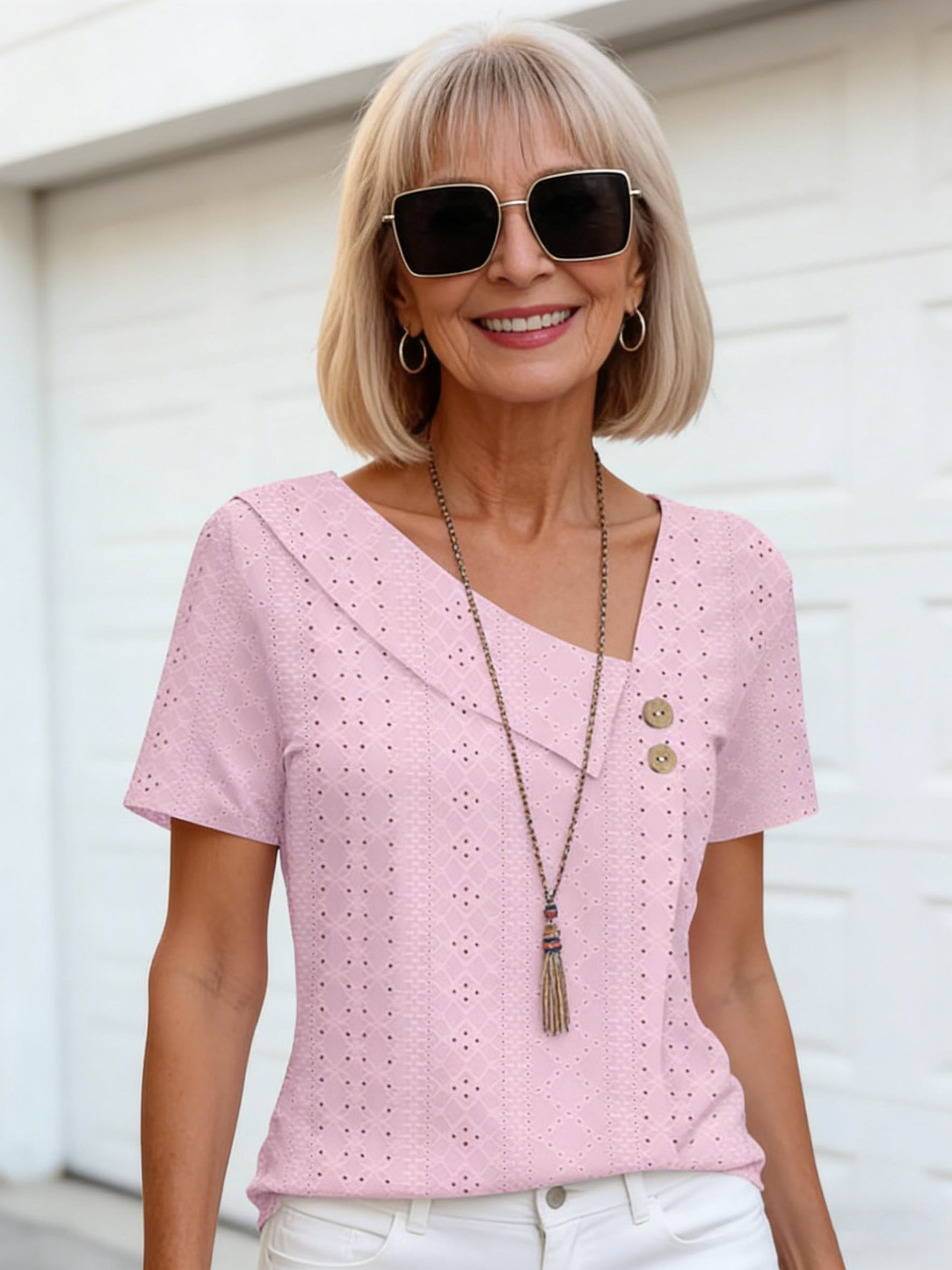 Textured Fabric Collar Button Solid Color Hollow Short Sleeve Women's Top T-Shirt Short