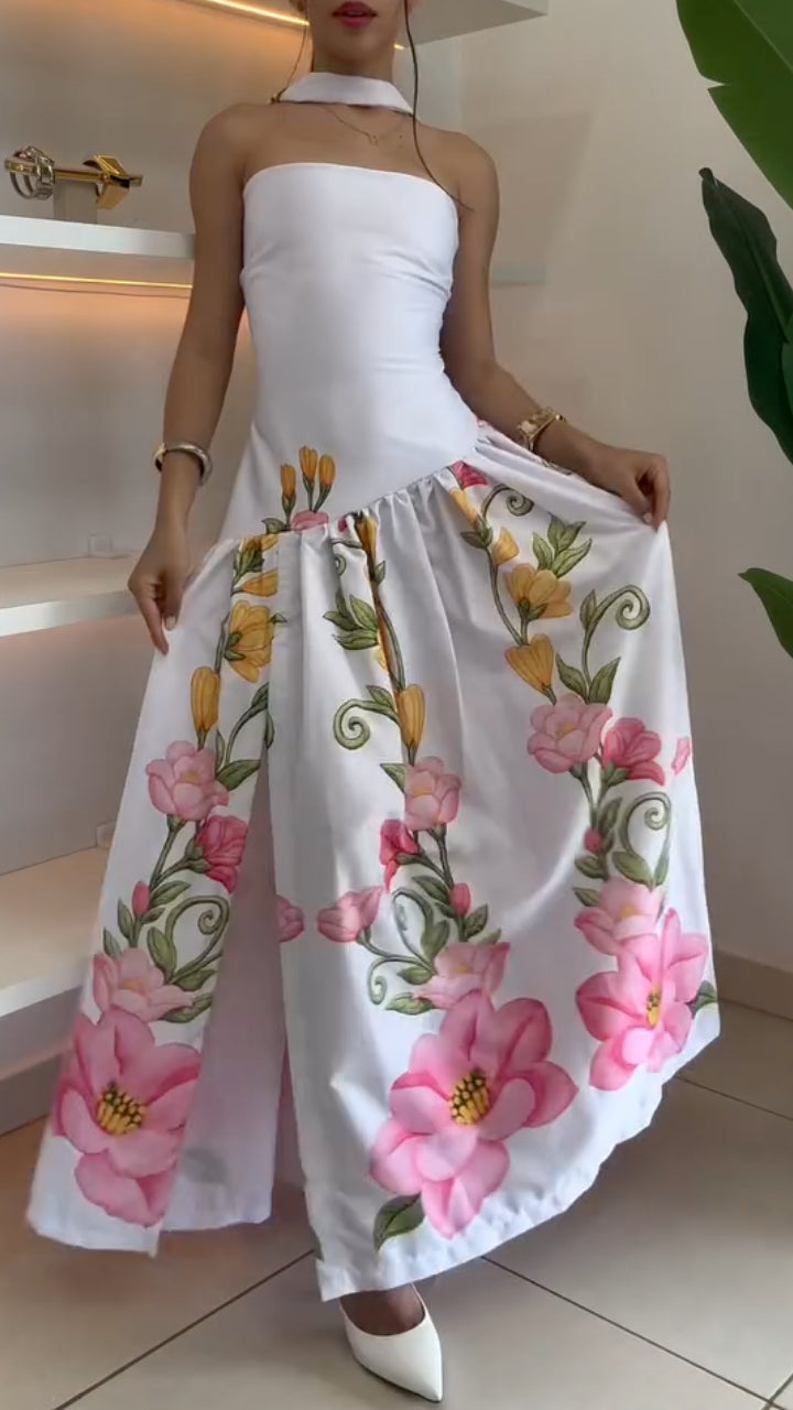 White Floral Print Strapless Maxi Dress