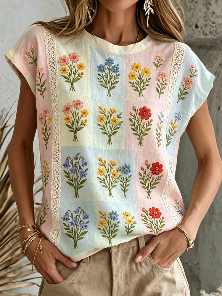 Women's Floral Art Embroidery Color Block Casual Cotton Linen T-shirt