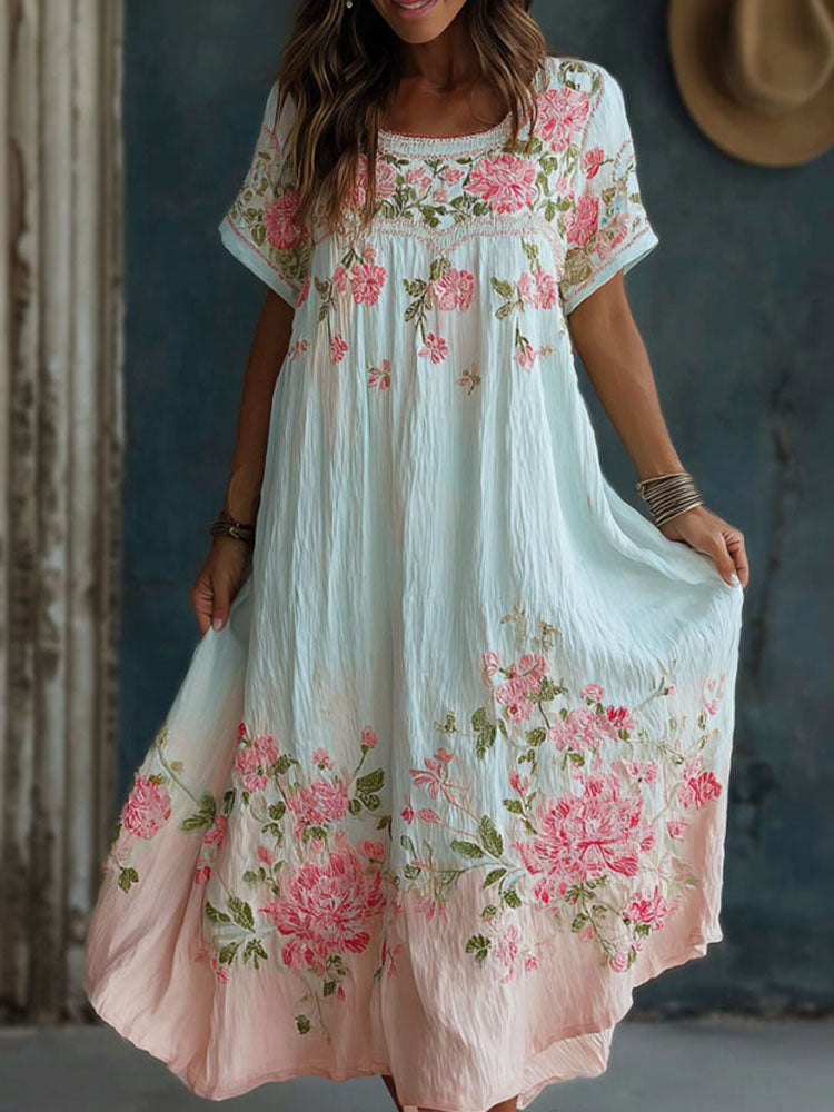 Women's Floral Art Embroidery Round Neck Short Sleeve Cotton Linen Long Dress