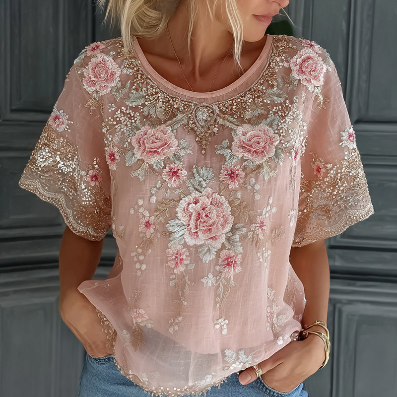 Women's Vintage Floral Embroidered Art Flowy Linen Blend Short Sleeve Casual Tops