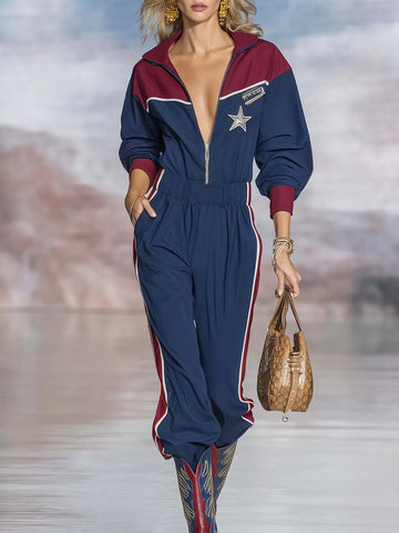 Retro Sporty Star-Badge Navy Colorblock Half-Zip Cotton Jumpsuit
