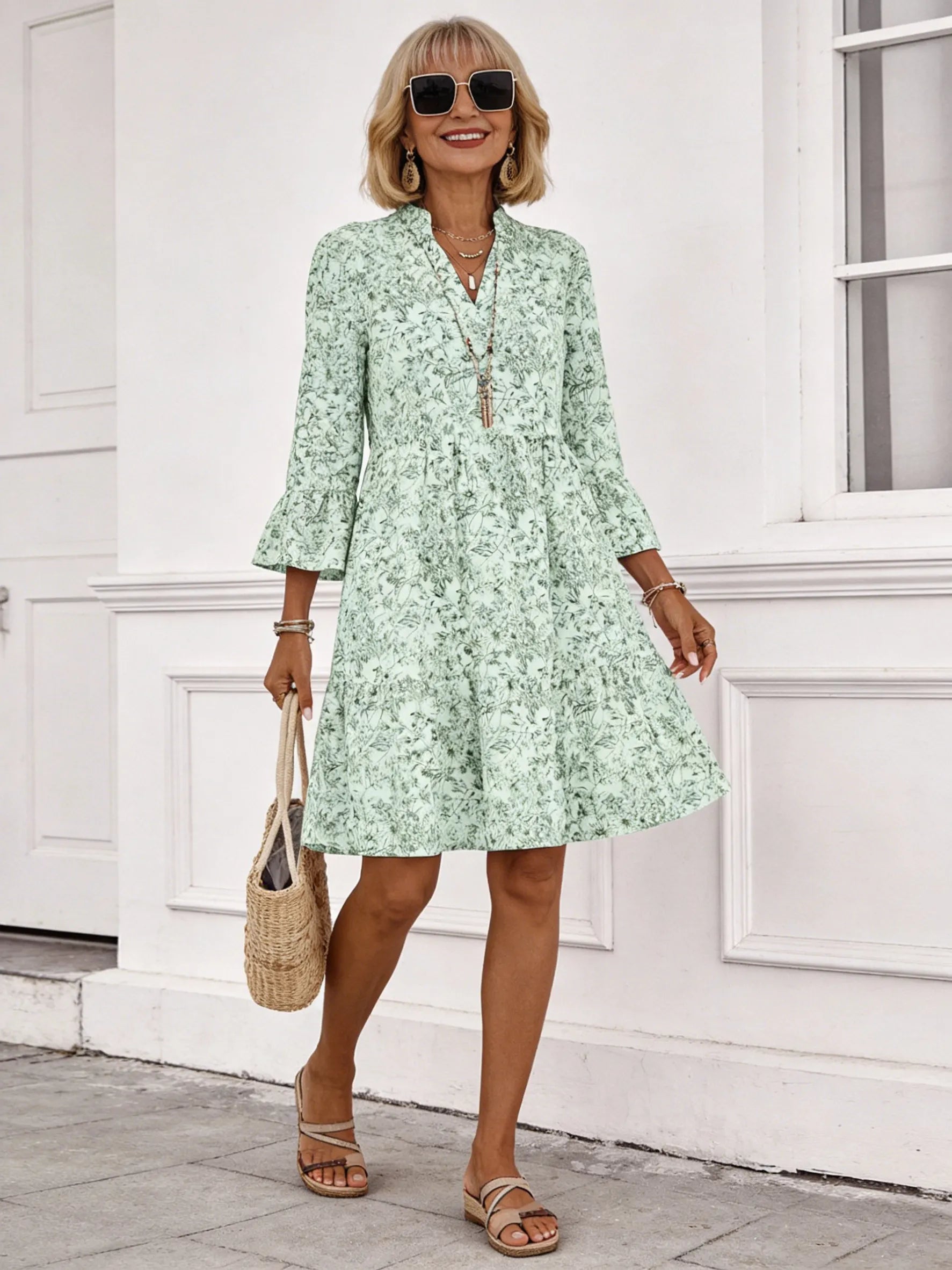 Vacation Elegant Women's Multicolor Graphic Print Long Sleeve Crew Neck Dress