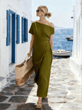 Women's Off-The-Shoulder Short-Sleeved Pleated Dress