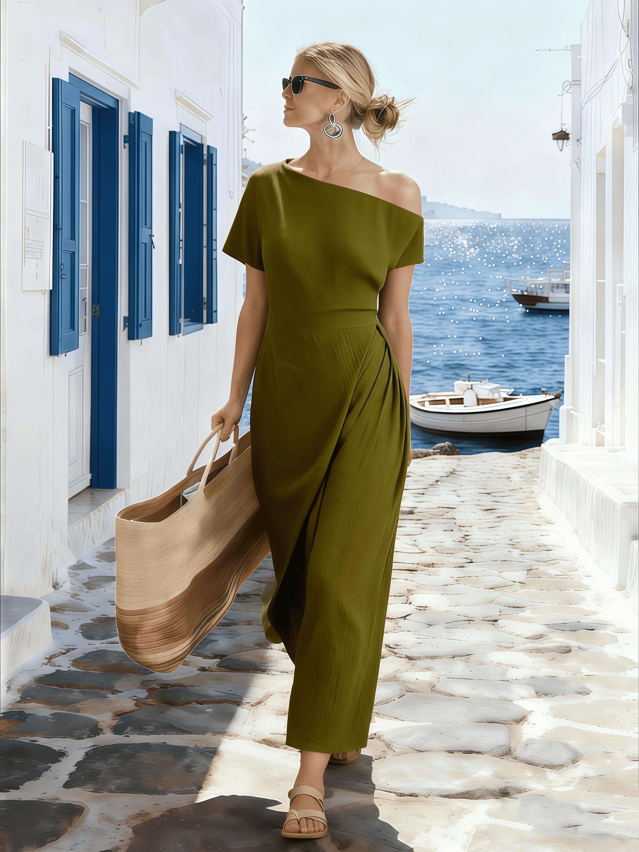 Women's Off-The-Shoulder Short-Sleeved Pleated Dress