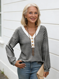 Women's V-neck Button Pullover Splicing Casual Long-sleeved Color Matching T-shirt