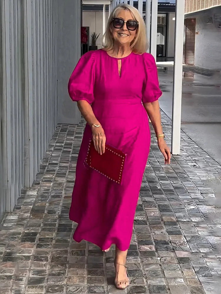Evening Dress Formal Dress Solid Color Loose-Fitting Casual Round-Neck Small Lantern Sleeves