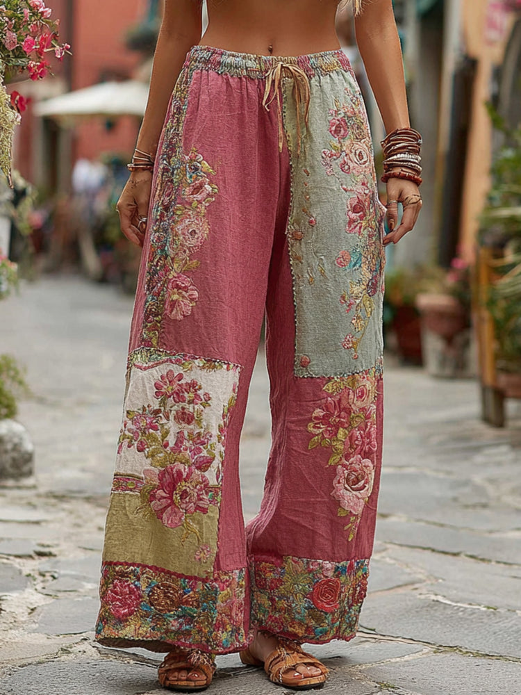 Classic Retro Rose And Floral Patchwork Art Linen Pants
