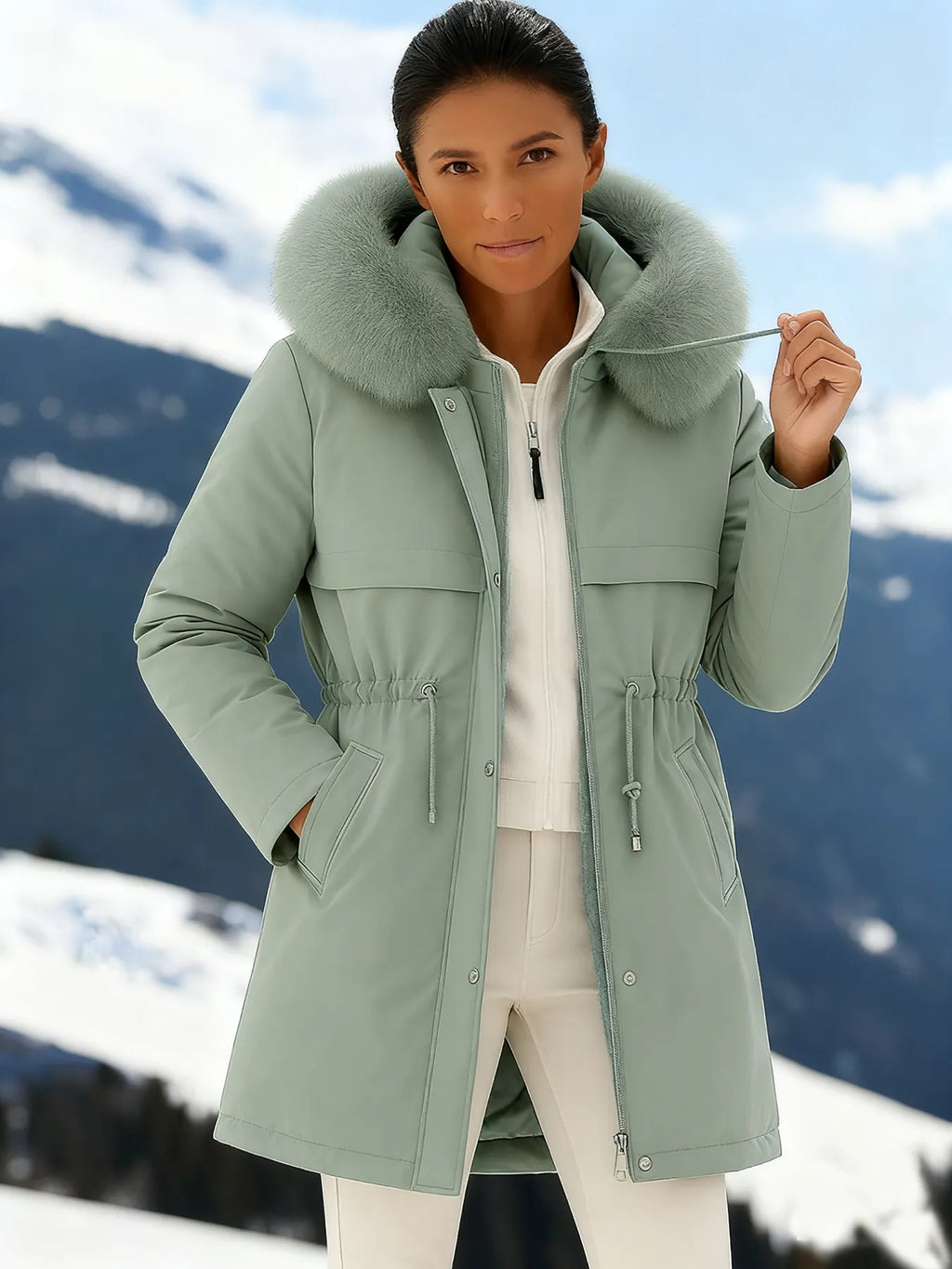 Outfits Cotton-padded Jacket Medium and Long, Large Fur Collar, Down Cotton-padded Jacket, Down Cotton-padded Jacket.
