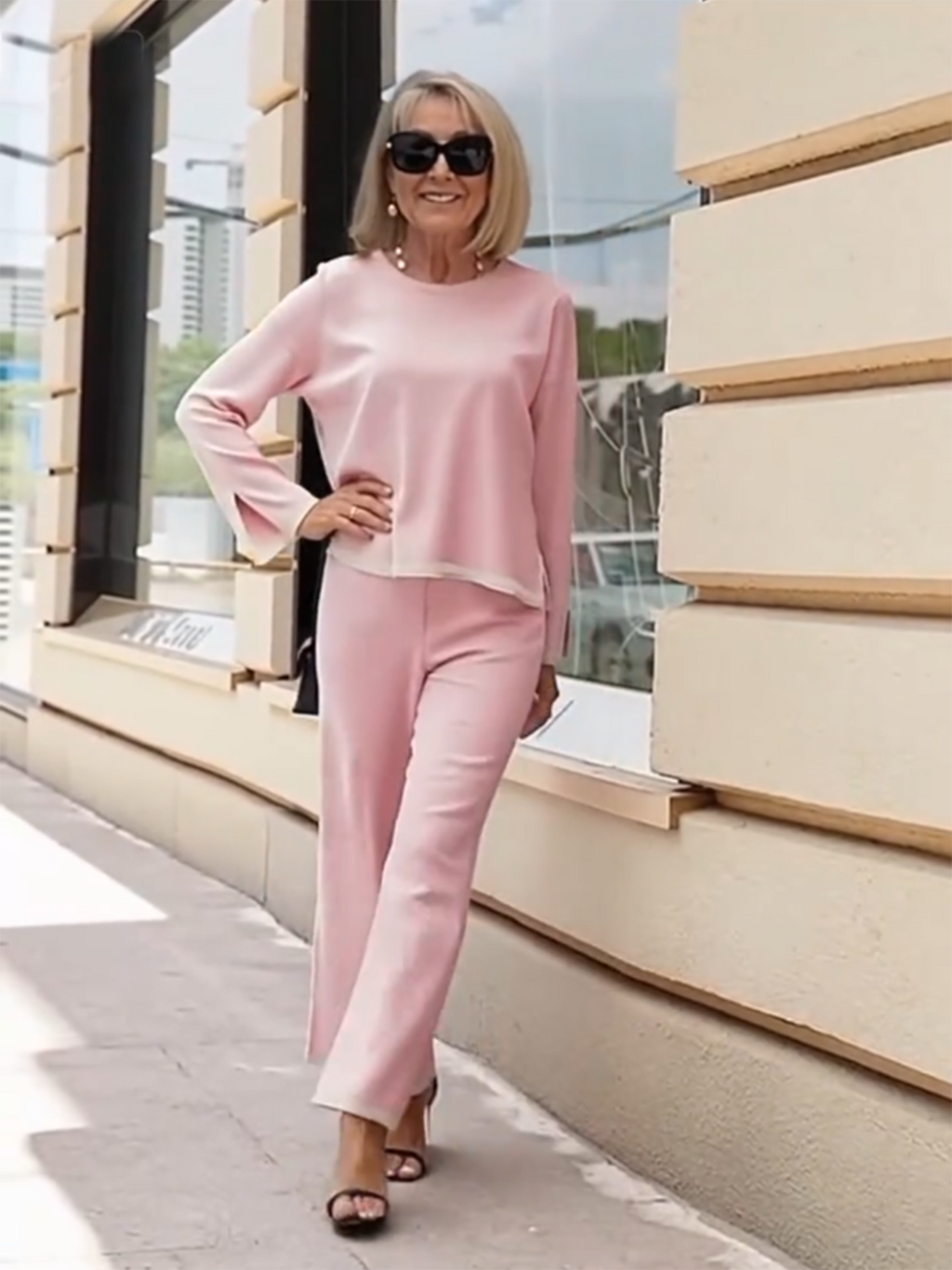 Contrasting Color Split-ended Long-sleeved Knitted Sweater High-waisted and Thin Wide-leg Pants and Trousers Two-piece Set