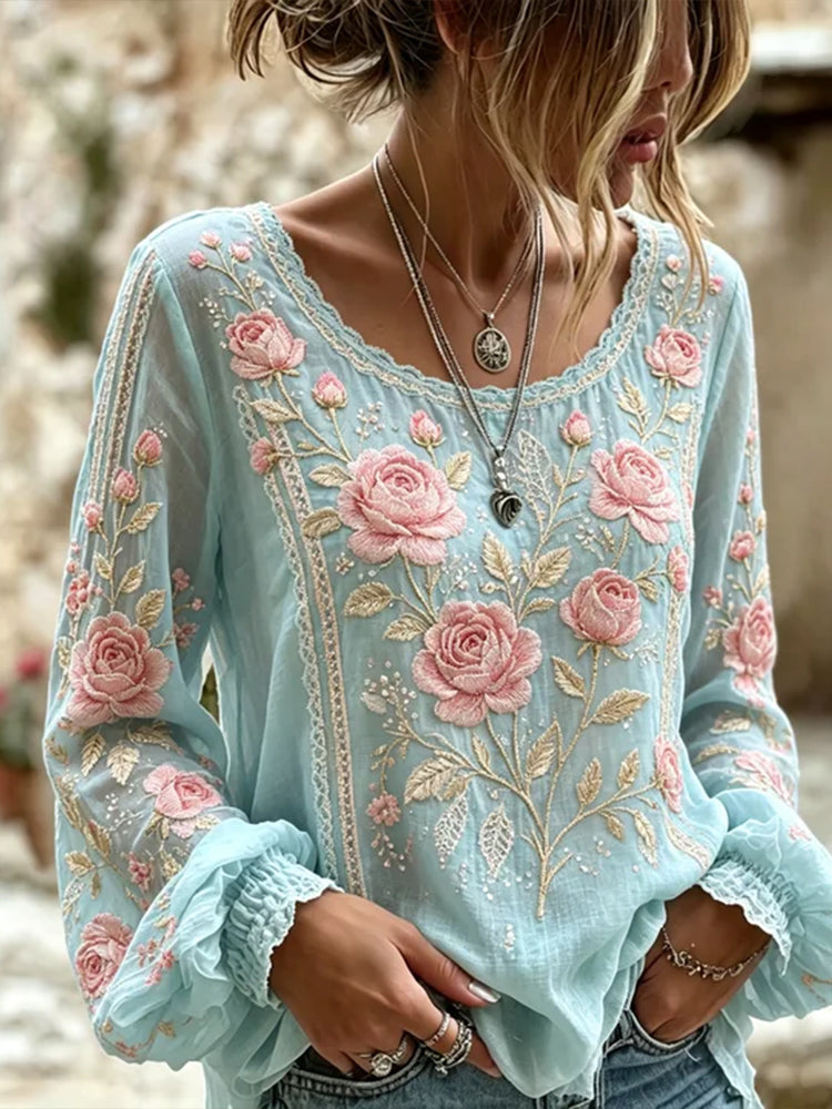 Women's Pink Rose And Lace Cotton Linen Washed Round Neck Long Sleeve Top