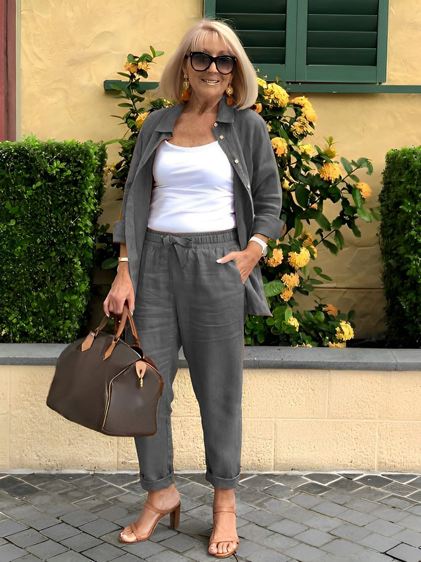 Long Sleeve Button Shirt &Minimalist Solid Two-piece Set