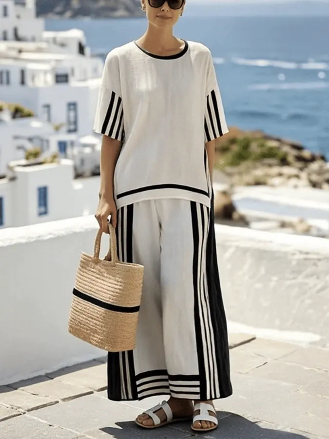 Women'S Loose Slit Contrast Striped Pants Set