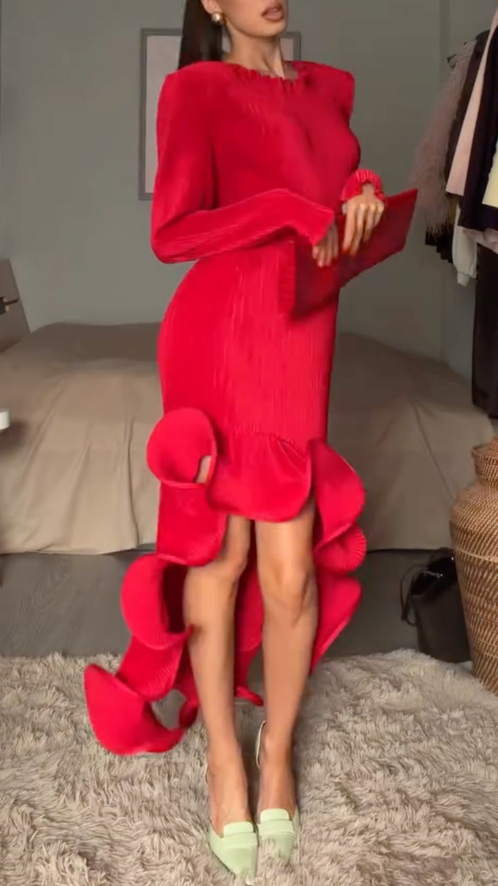 Red Pleated Ruffle Midi Evening Dress