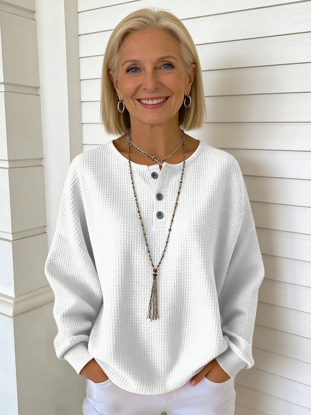 Crew Neck Waffle Solid Color Pullover Loose Top