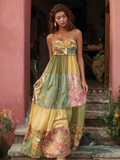 Bohemian Style Plant Flower Pattern Multi-color Women Cotton And Linen Strap Long Dress