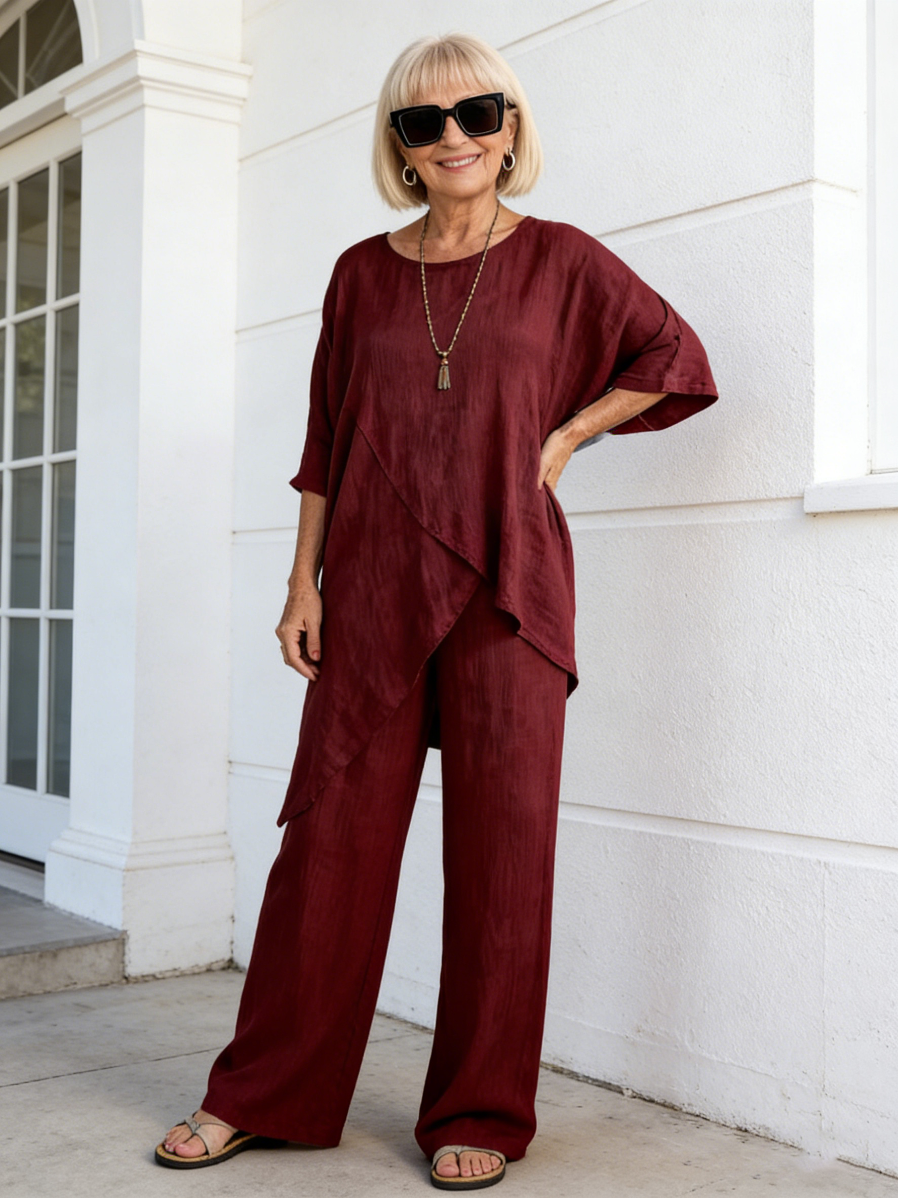 2Pcs Set Cotton and Linen Sleeves Round Neck Loose Casual Irregular Hem Set