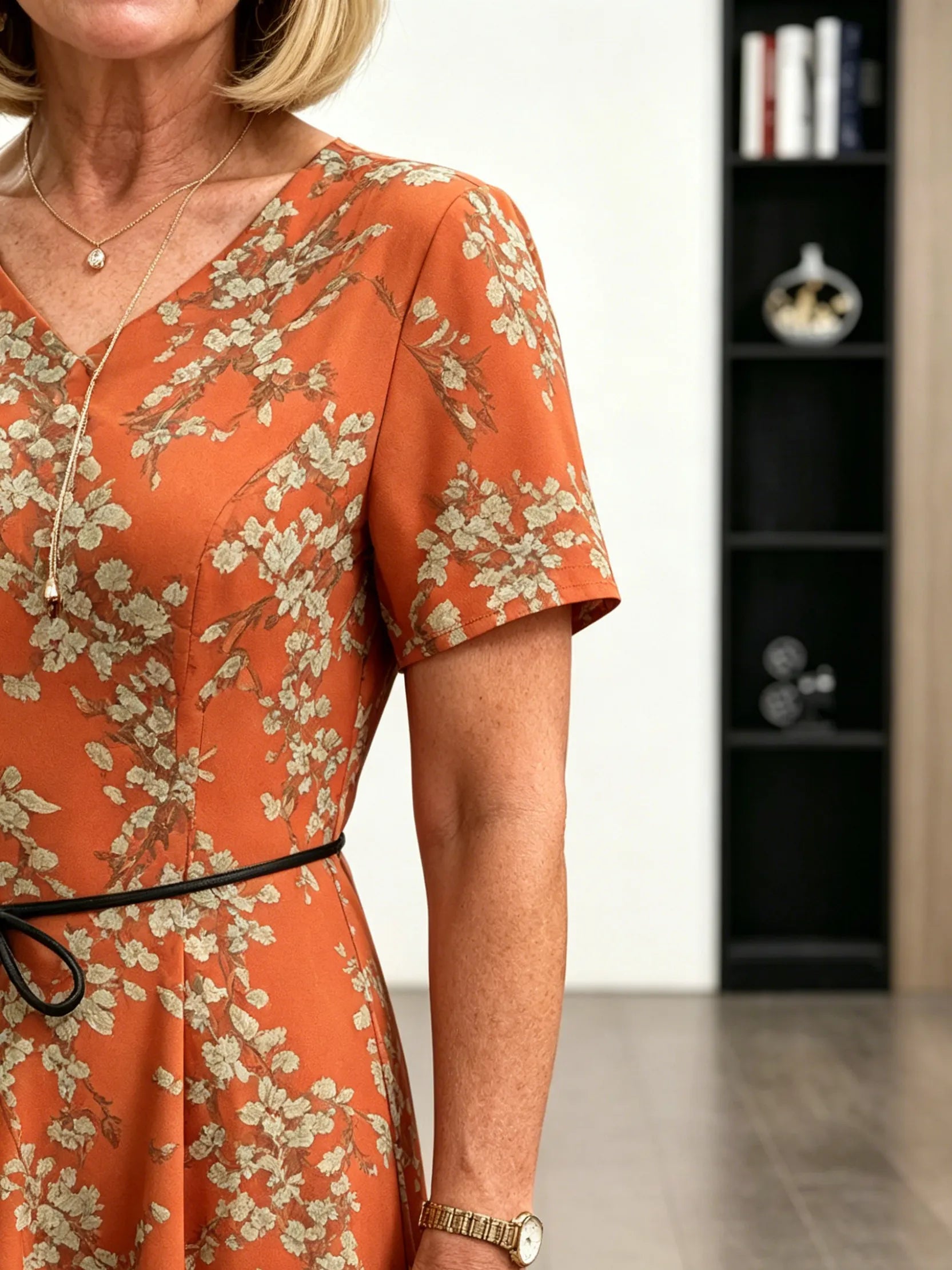 Orange Floral V-Neck Midi Dress, Short Sleeve Elastic Waist Slimming Temperament Long Dress for Mature Women