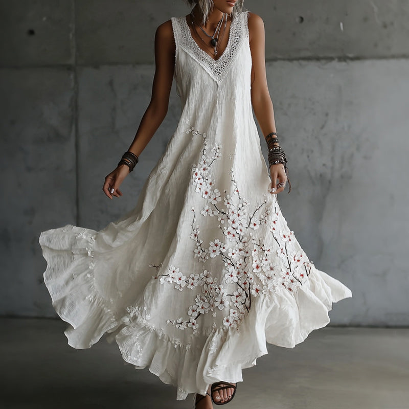 Vintage Japanese Cherry Blossoms Art V Neck Linen Sleeveless Maxi Dress
