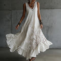 Vintage Japanese Cherry Blossoms Art V Neck Linen Sleeveless Maxi Dress