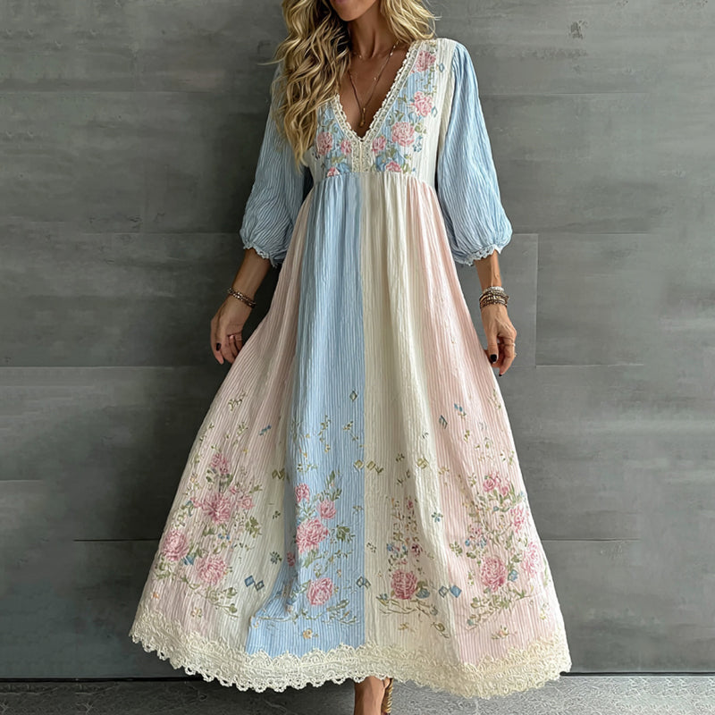 Women's Vintage Flower Embroidery Patchwork Art Cotton Linen Casual Dress