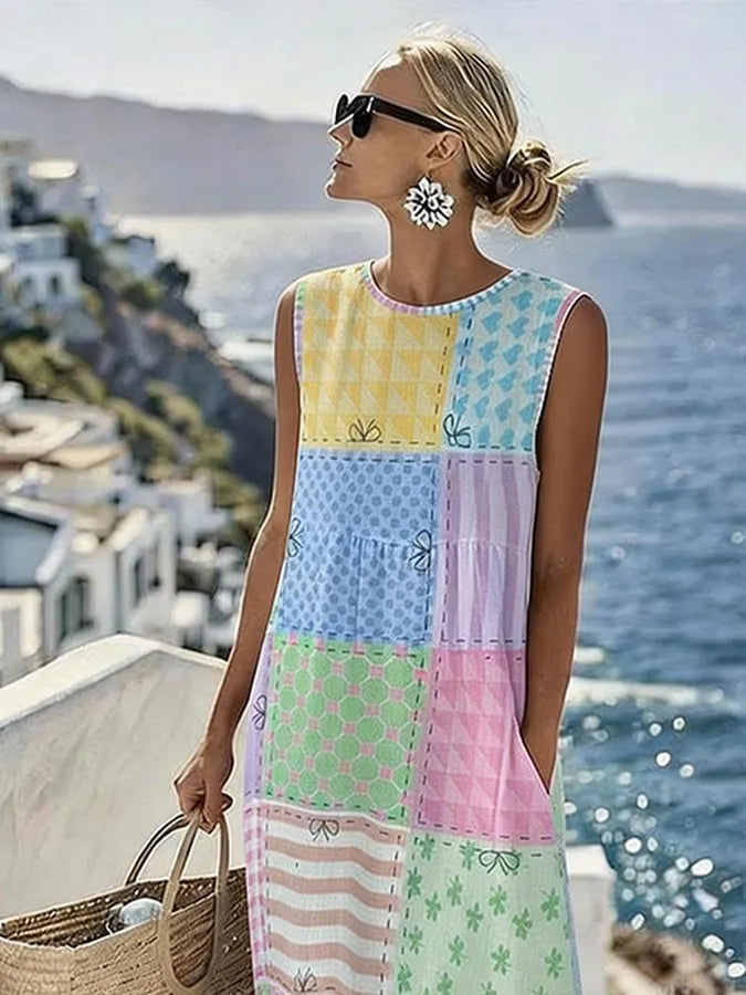 Women'S Round Neck Sleeveless Color-Block Printed Dress