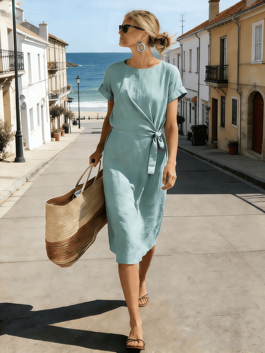 Women's Round-Neck Short-Sleeved Dress With Tie Detail