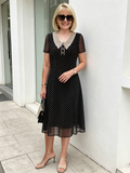 Black Polka Dot Mesh Midi Dress, Lace Peter Pan Collar Short Sleeve Elastic Waist Tummy Concealing Slimming Temperament Dress for Mature Women
