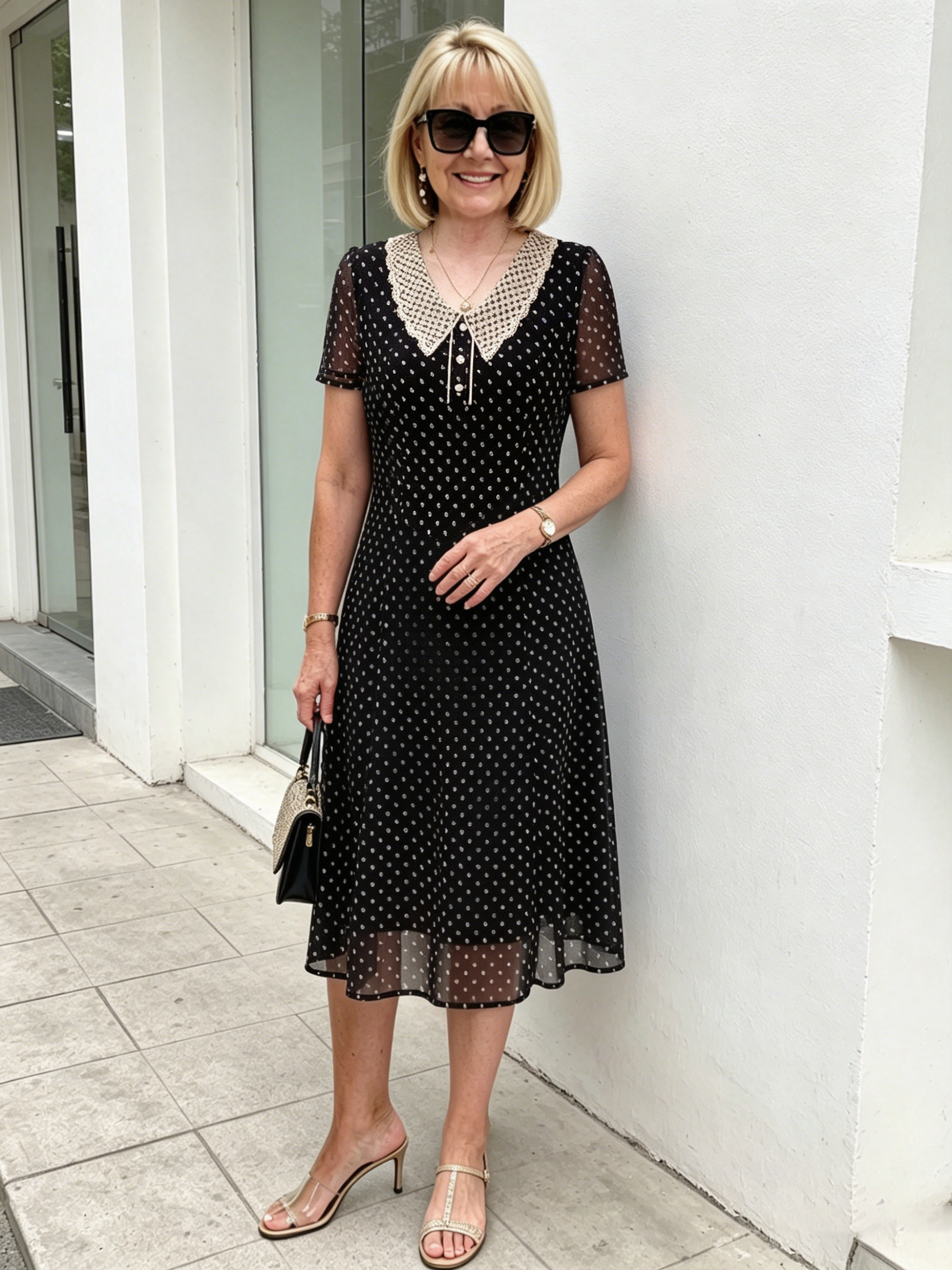 Black Polka Dot Mesh Midi Dress, Lace Peter Pan Collar Short Sleeve Elastic Waist Tummy Concealing Slimming Temperament Dress for Mature Women
