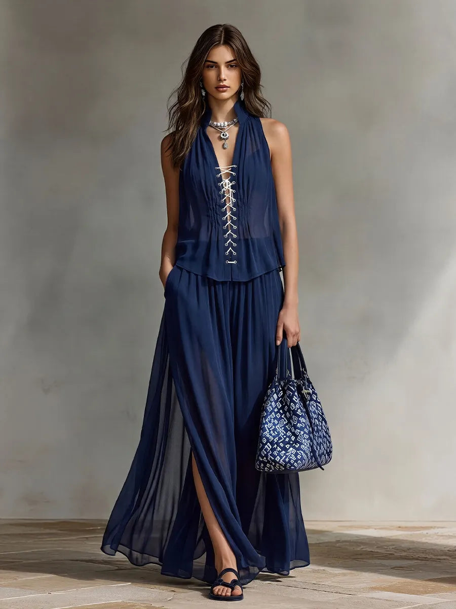 Women's Navy Chiffon Two-Piece Set With Lace-Up Halter Top & Flowy Maxi Skirt, Timeless Boho-Resort Outfit MDZ2288D0LYL
