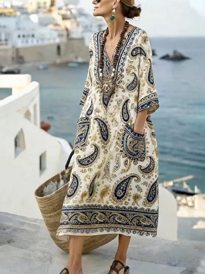 Women'S Casual Color-Block Cotton And Linen Dress