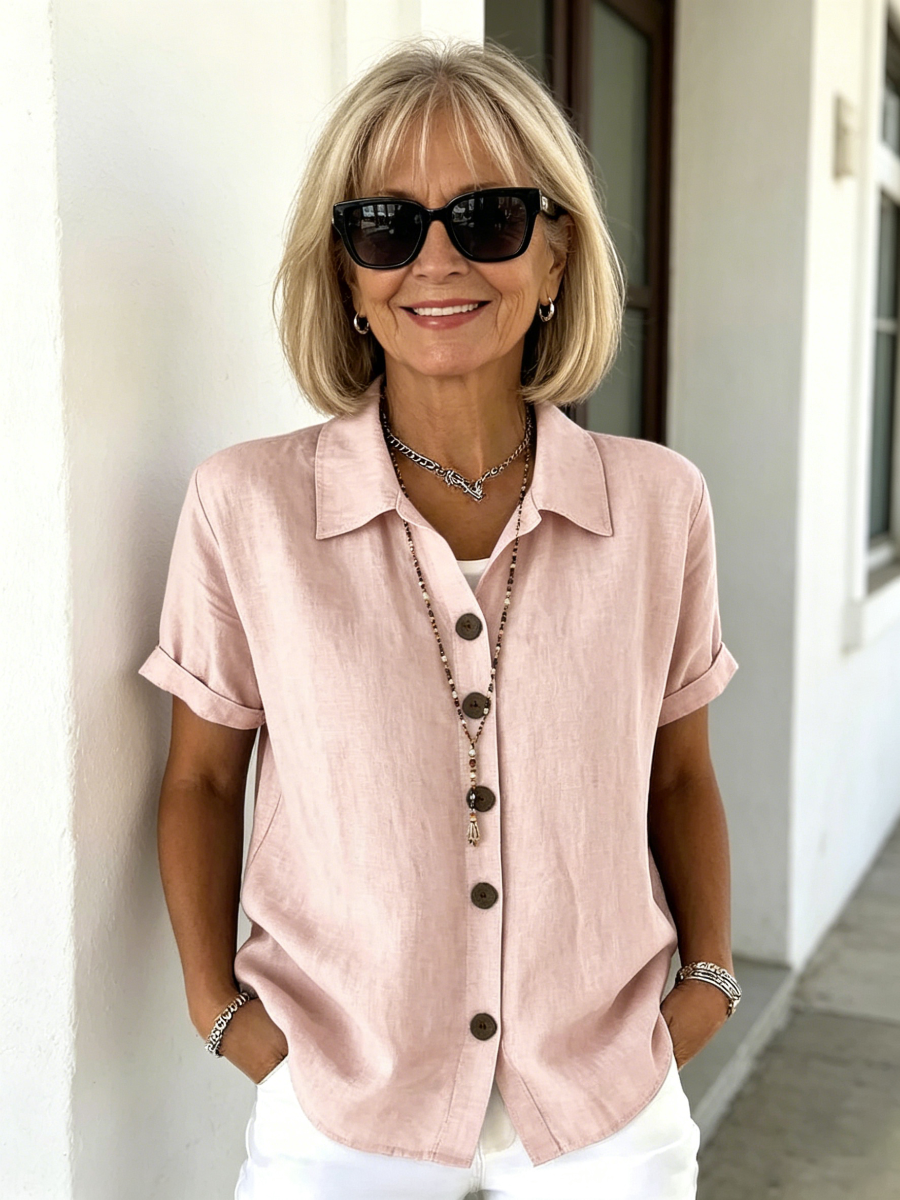 Casual Comfortable Button Cotton and Linen Women's Short Sleeve Shirt