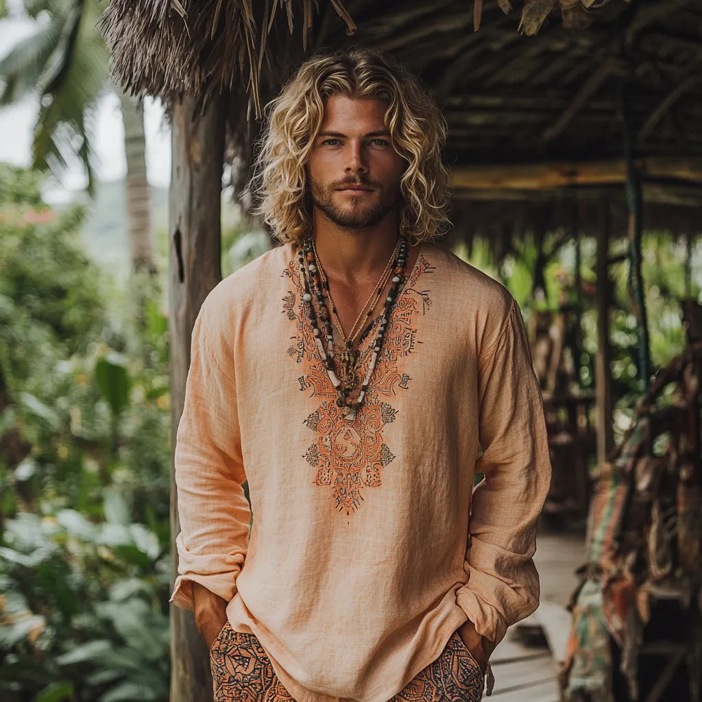 Men's Bohemian Holiday Style Vintage Linen Printed Casual Long Sleeve Top