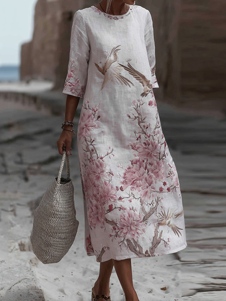 Japanese Plum Blossom Art Embroidered Casual Linen Maxi Dress