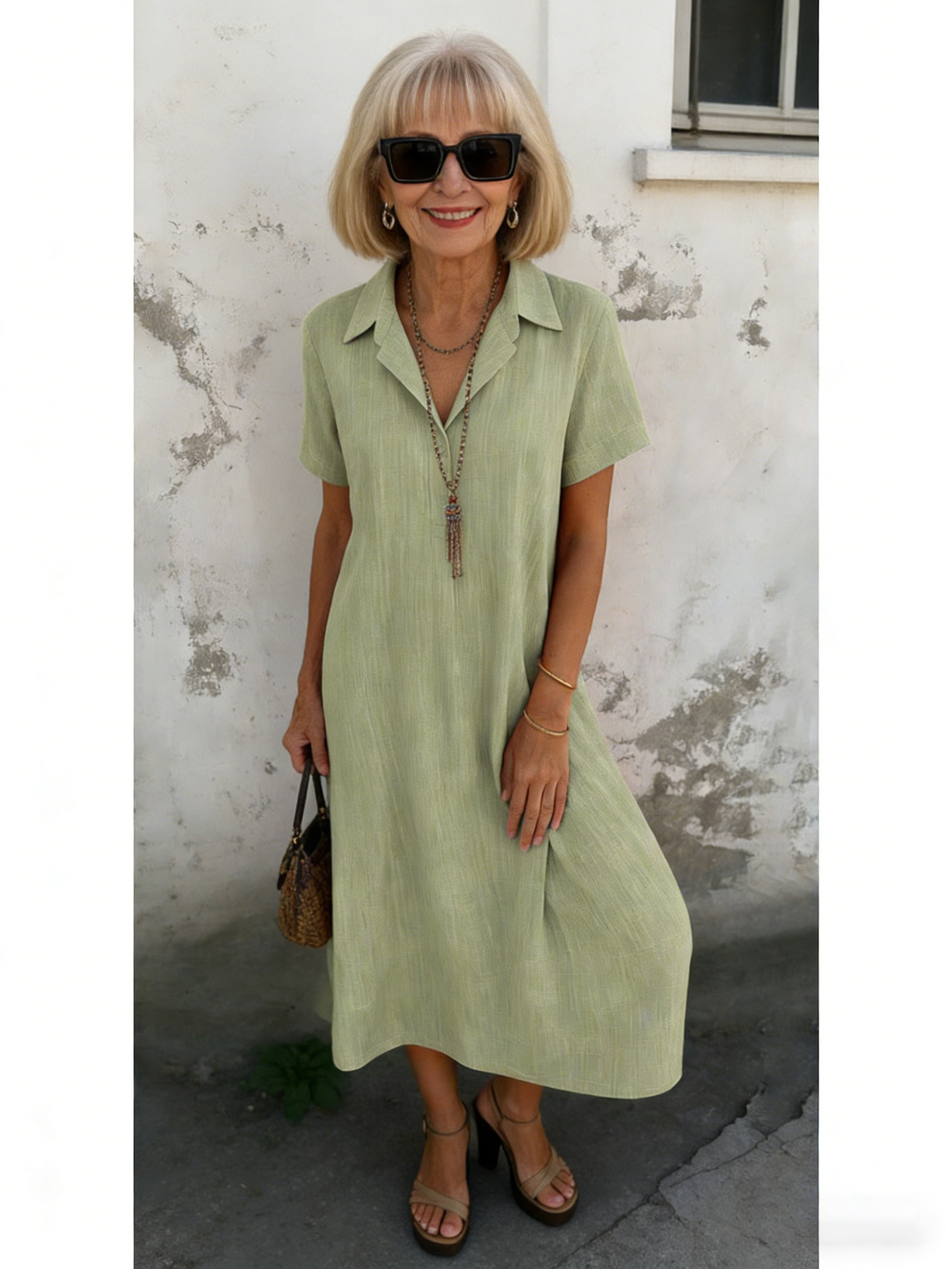 Loose Short-sleeved V-neck Solid Color Cotton and Linen Shirt Dress