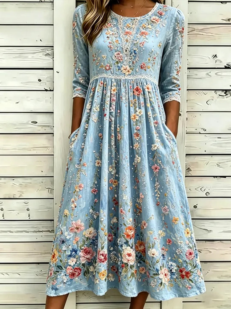 Retro Colorful Floral Art Embroidered Linen Blend Lace Midi Sleeve Dress
