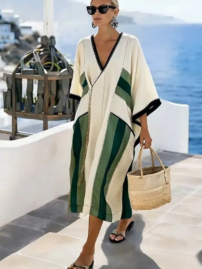 Women'S Casual Color-Block Cotton And Linen Dress