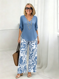 2Pcs Vacation Casual V-neck Long-sleeved Trousers Digital Printing Women's Suit