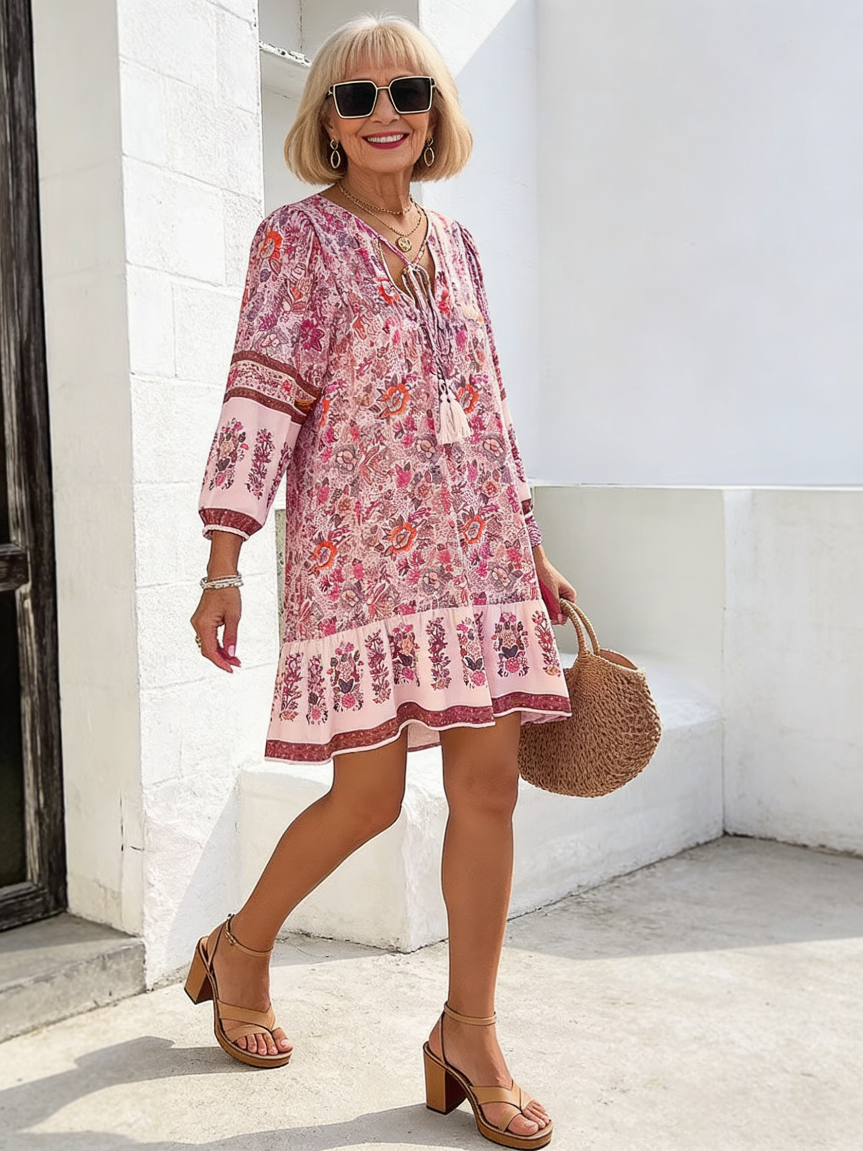 Vacation Dress Printed Shirt Casual Bohemian Vacation V-Neck Dress