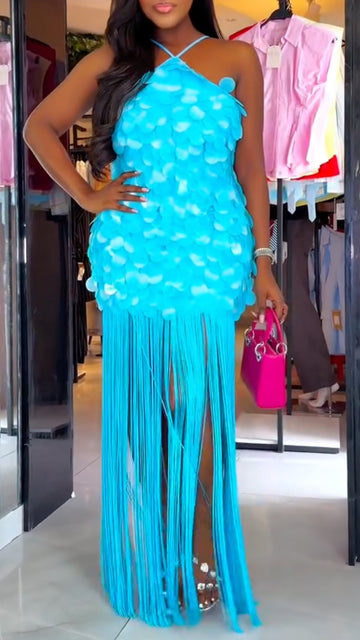 Turquoise Halter Sequin Fringe Maxi Dress