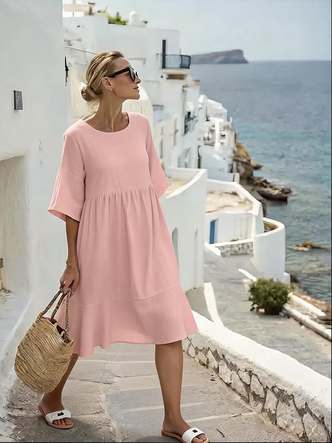Women'S Solid Color Casual Loose Short-Sleeved Cotton And Linen Dress