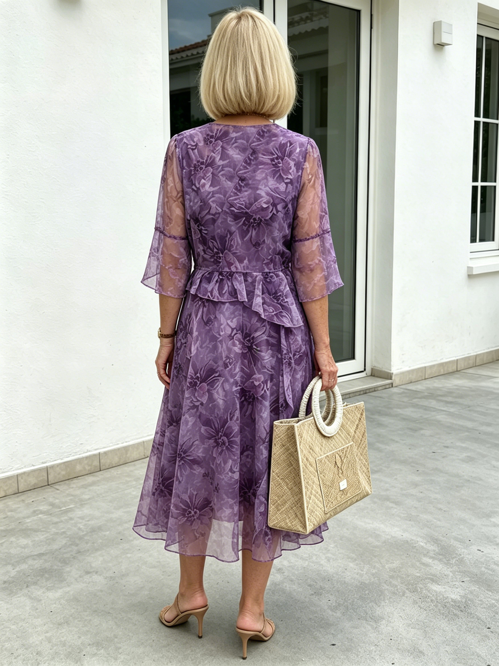 Purple Floral Mesh Chiffon Midi Dress, V-Neck Ruffle 3/4 Sleeve Waist Ruffle Loose Slimming Mom Dress