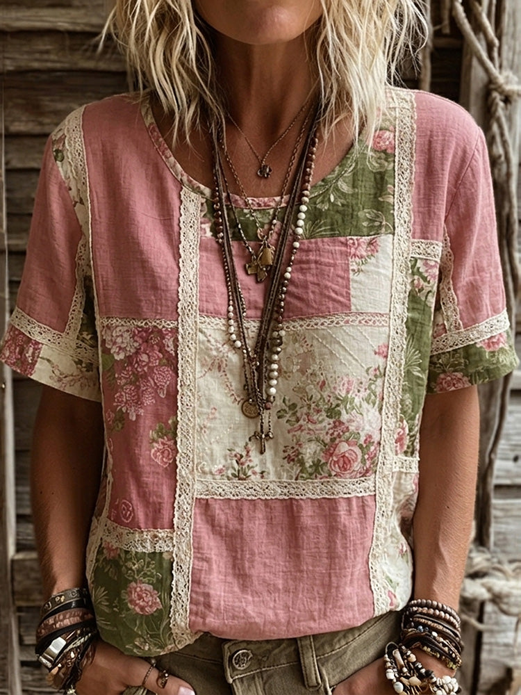 Women's Vintage Bohemian Patchwork Floral Linen Blend T-shirt