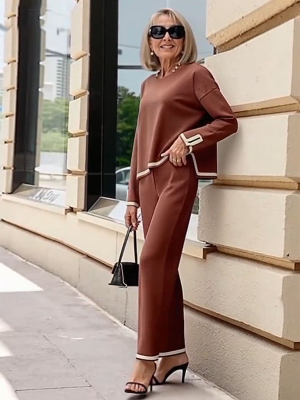 Contrasting Color Split-ended Long-sleeved Knitted Sweater High-waisted and Thin Wide-leg Pants and Trousers Two-piece Set
