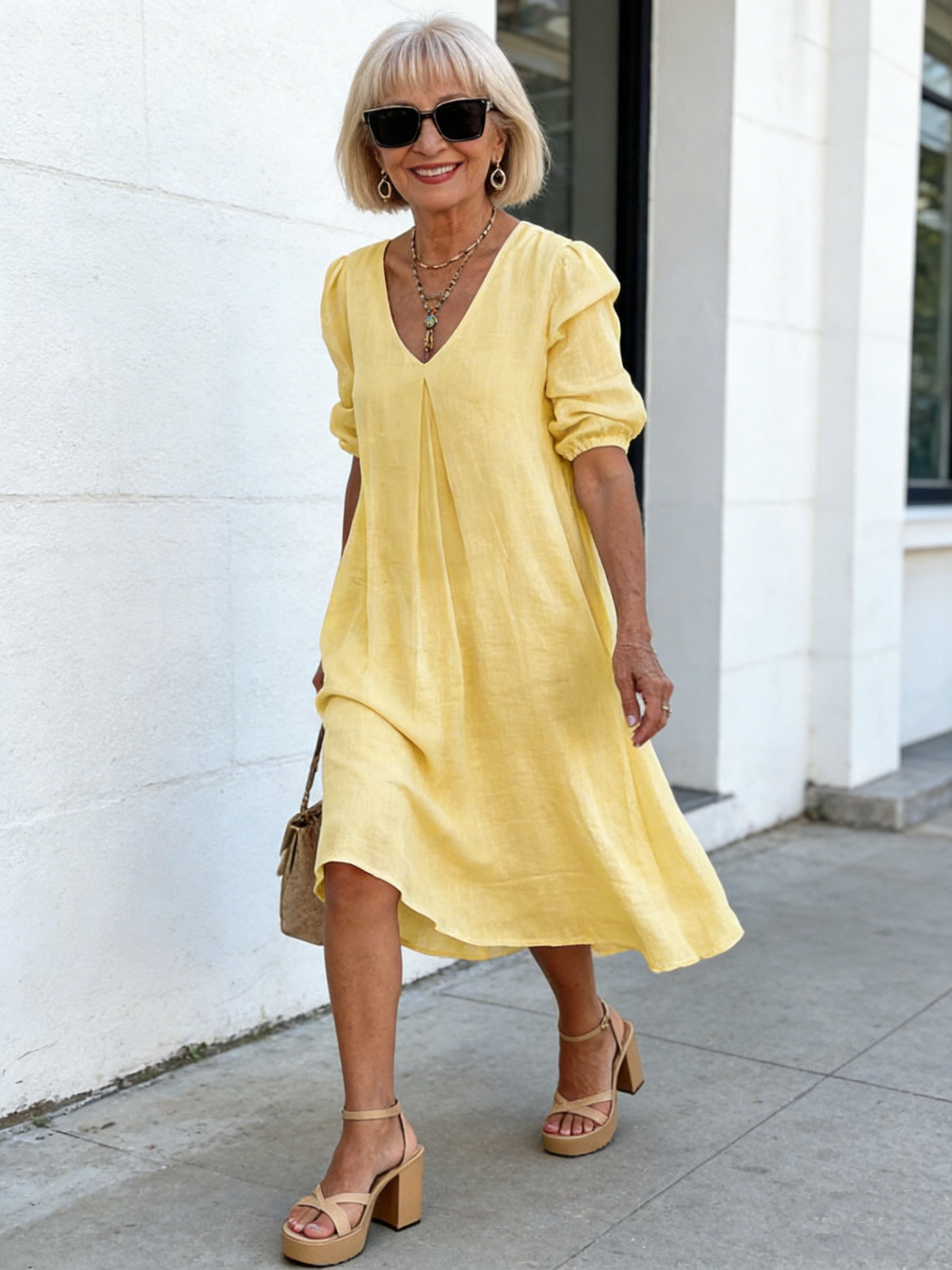 Blue Deep V Cotton and Linen Dress