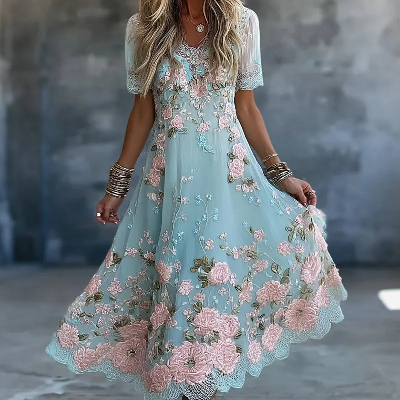 Women's Vintage Rose Floral Art Embroidery Casual Dress