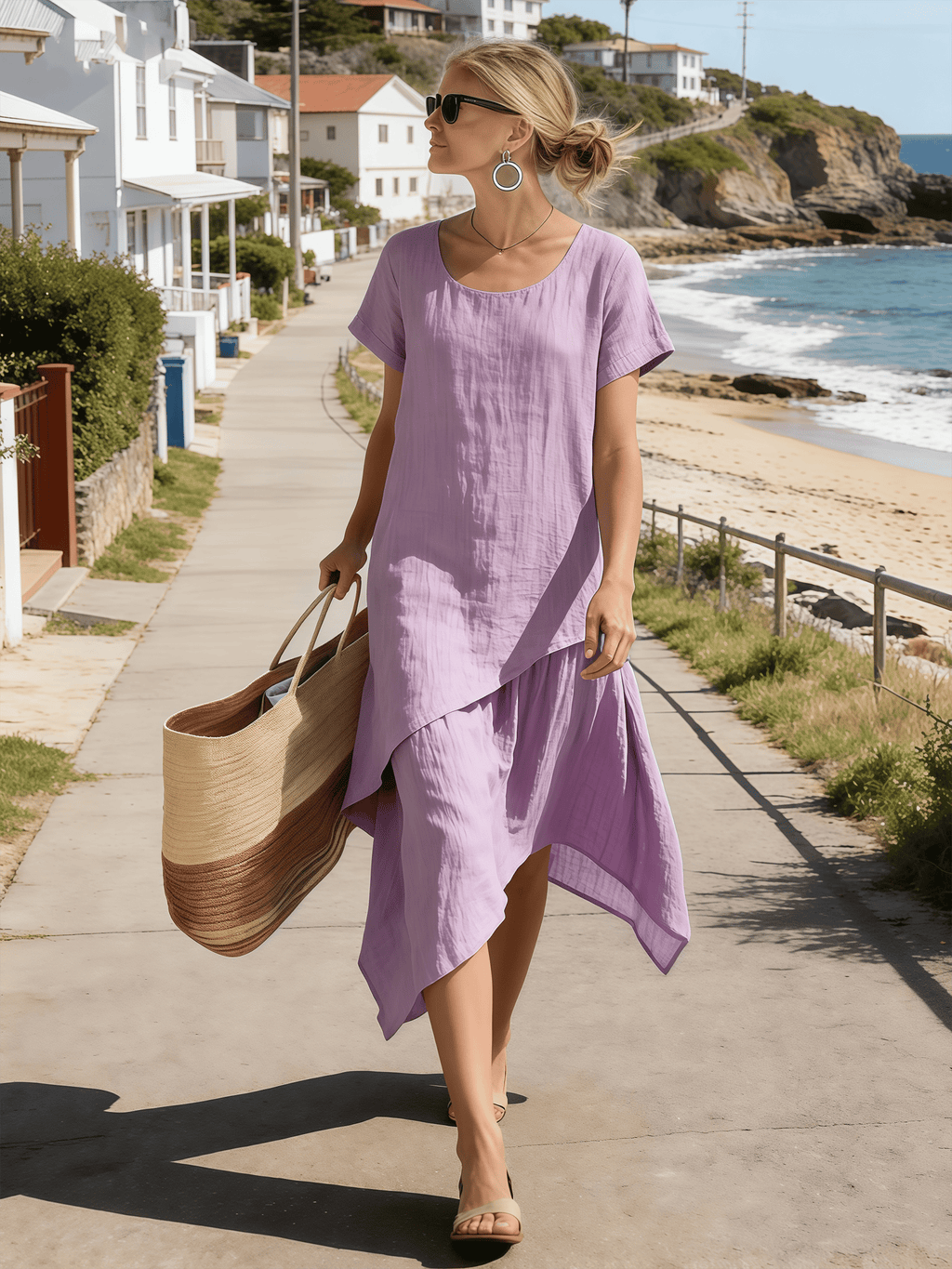Women's Round Neck Irregular Hem Casual Dress